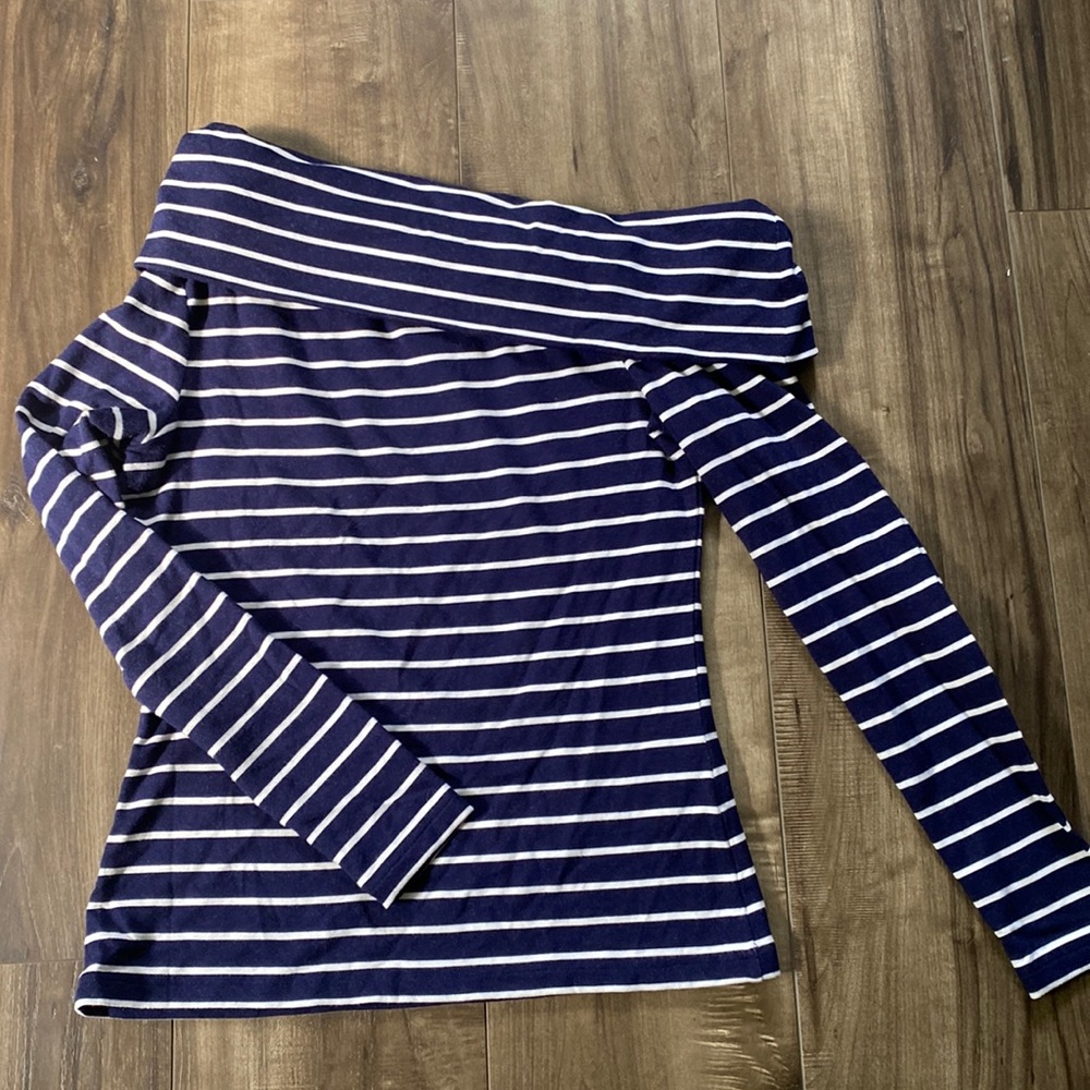 Club Monaco (Small/S) asymmetrical off-shoulder top, classic blue & white stripe